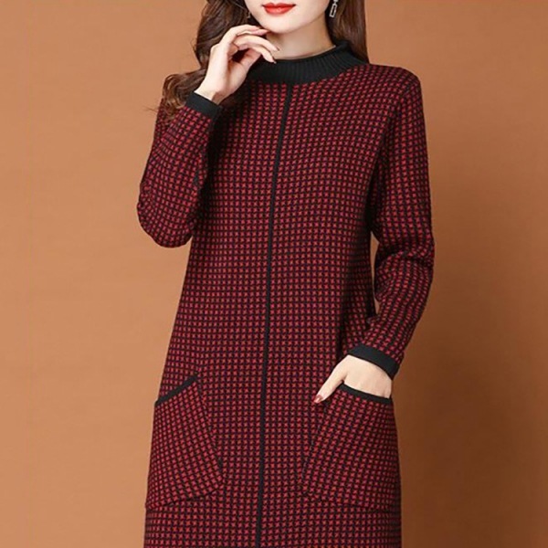 【カワイイ】 エレガント チェック柄 Aライン 切り替え ラウンドネック ニットワンピース 【カワイイ】 エレガント チェック柄 Aライン 切り替え ラウンドネック ニットワンピース