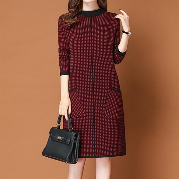 【カワイイ】 エレガント チェック柄 Aライン 切り替え ラウンドネック ニットワンピース 【カワイイ】 エレガント チェック柄 Aライン 切り替え ラウンドネック ニットワンピース