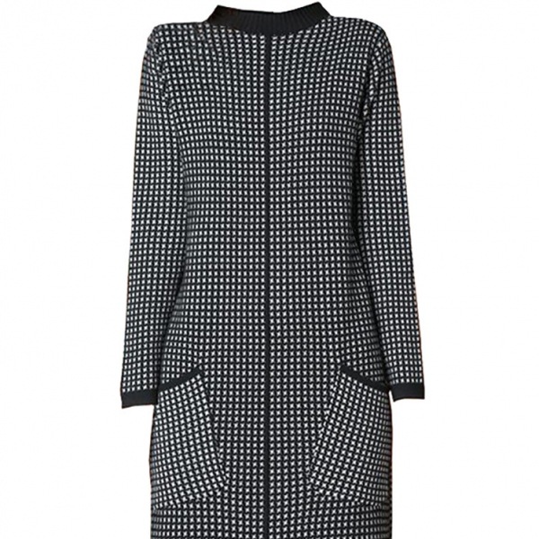 【カワイイ】 エレガント チェック柄 Aライン 切り替え ラウンドネック ニットワンピース 【カワイイ】 エレガント チェック柄 Aライン 切り替え ラウンドネック ニットワンピース