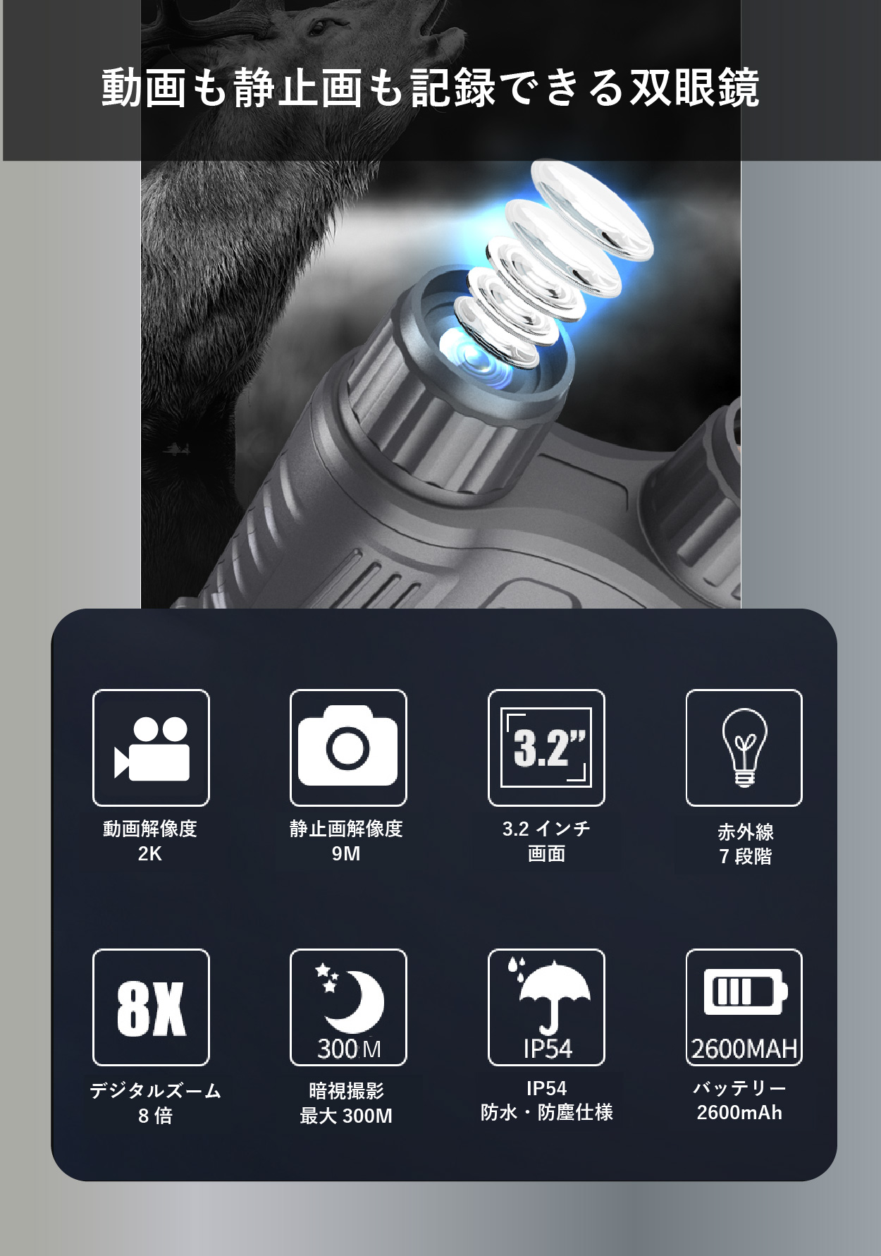 【公式ショップ】 双眼鏡 ナイトビジョン 2K 8倍デジタルズーム 昼夜兼用 暗視スコープ ナイトスコープ 録画機能 赤外線 IP54 防水 防塵 夜間撮影 動物観察 【公式ショップ】 双眼鏡 ナイトビジョン 2K 8倍デジタルズーム 昼夜兼用 暗視スコープ ナイトスコープ 録画機能 赤外線 IP54 防水 防塵 夜間撮影 動物観察