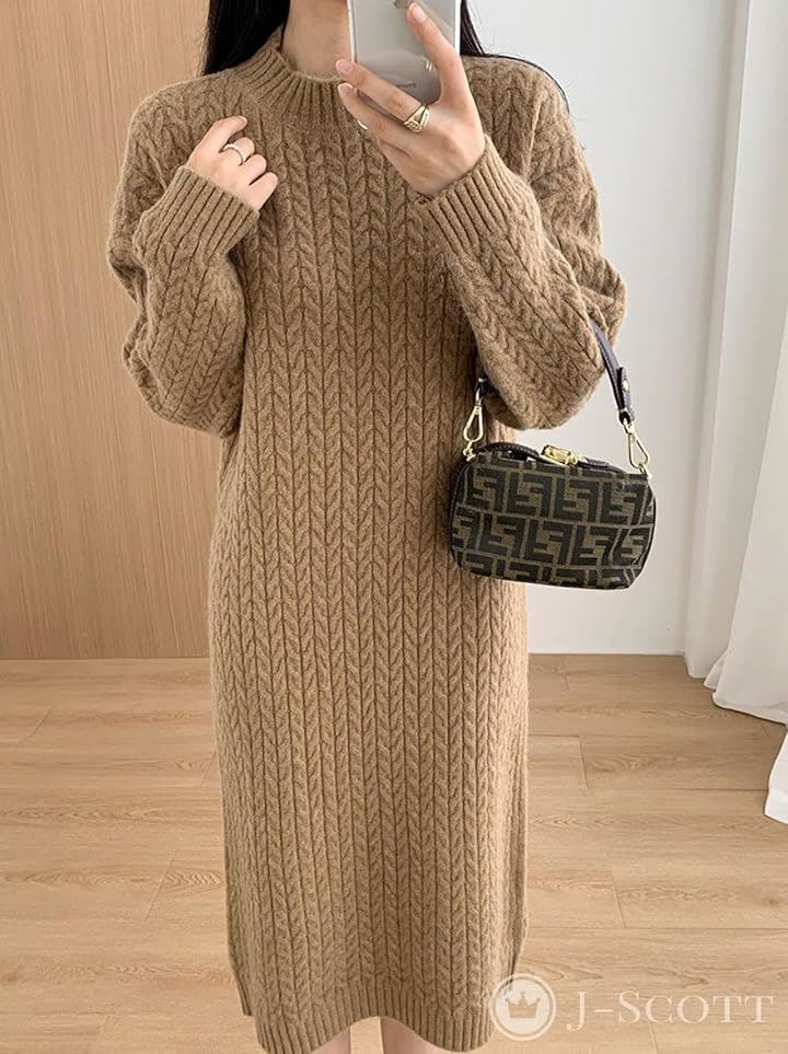 ワンピース レディース ニット ケーブル編み ラウンドネック 膝下丈 長袖 Iライン ゆったり ニットプルオーバー 大人っぽい リッチ シャレ感 シルエット 編み上げ(ブラウン, M) ワンピース レディース ニット ケーブル編み ラウンドネック 膝下丈 長袖 Iライン ゆったり ニットプルオーバー 大人っぽい リッチ シャレ感 シルエット 編み上げ(ブラウン, M)