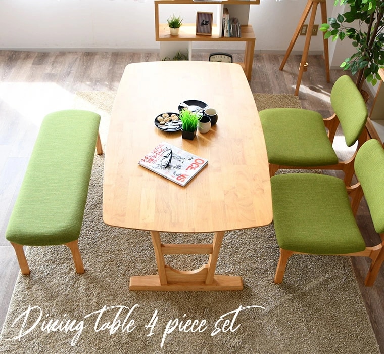 ダイニングテーブルセット 4人掛け 食卓セット 無垢材 食卓テーブル ダイニングチェア 背もたれ付き 低め 肘なし ダイニングベンチ 丸み 北欧 白 緑 おしゃれ かわいい 韓国風 長椅子