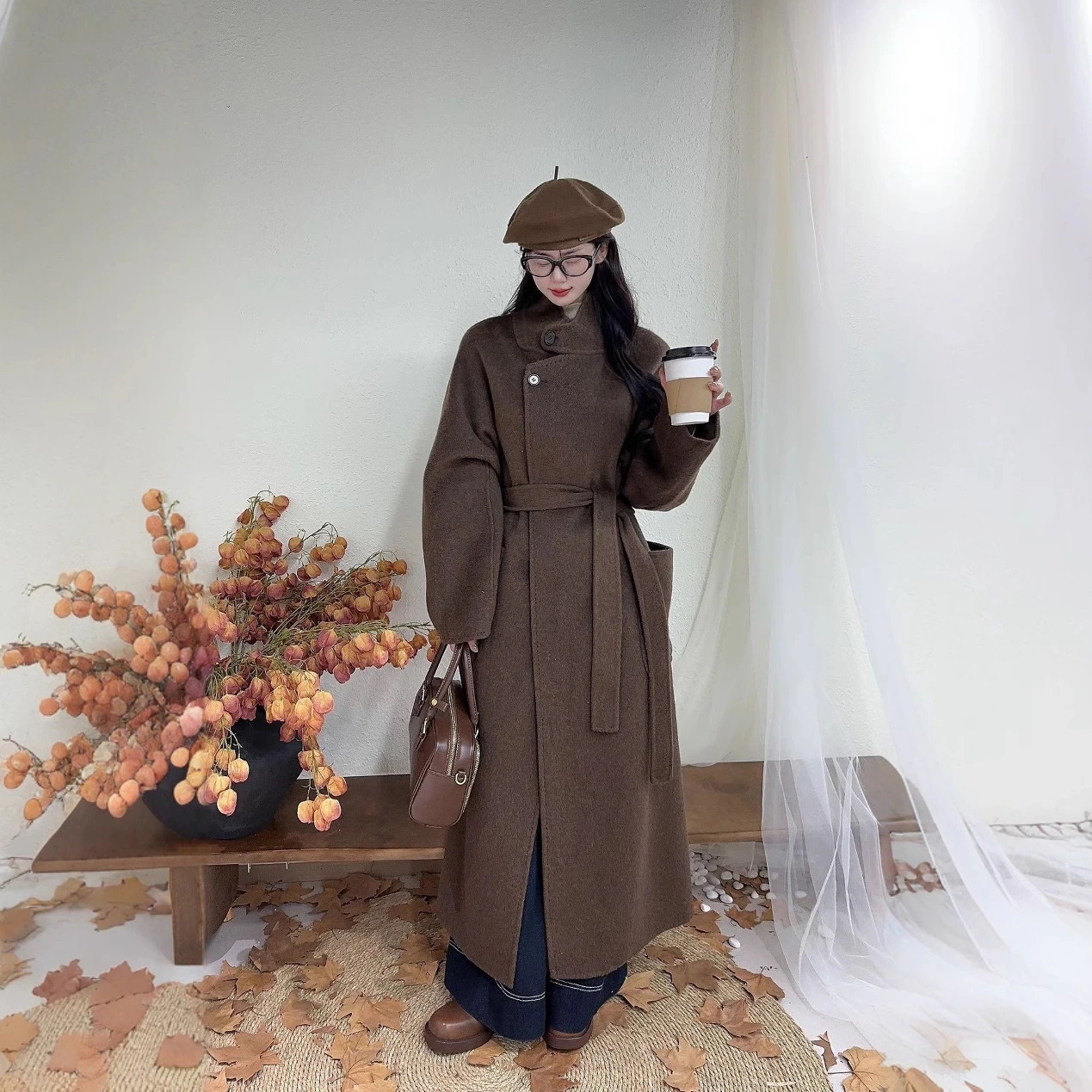 襟タイウエスト両面カシミアコート女性秋冬モデル膝ルーズツイードジャケットのロングセクションの韓国語バージョン