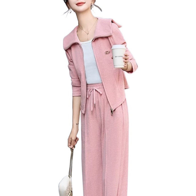 ハイエンドのカスタマイズ-女性のためのカジュアルスポーツウェアスーツ 2025 春の新スタイルルーズでスリムなラペルカーディガンワイドレッグパンツ気質 2 点セット ハイエンドのカスタマイズ-女性のためのカジュアルスポーツウェアスーツ 2025 春の新スタイルルーズでスリムなラペルカーディガンワイドレッグパンツ気質 2 点セット