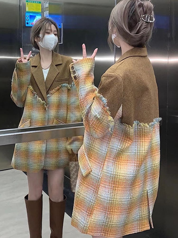 チェック柄 パッチワークジャケット チェック柄ジャケット フリンジ ジャケット スーツ襟 レディース ウールステッチスーツ アメカジコーデ オルチャンコーデ おしゃれ a3897