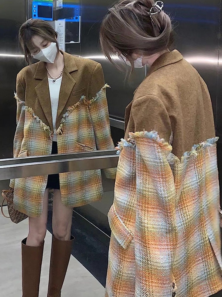 チェック柄 パッチワークジャケット チェック柄ジャケット フリンジ ジャケット スーツ襟 レディース ウールステッチスーツ アメカジコーデ オルチャンコーデ おしゃれ a3897