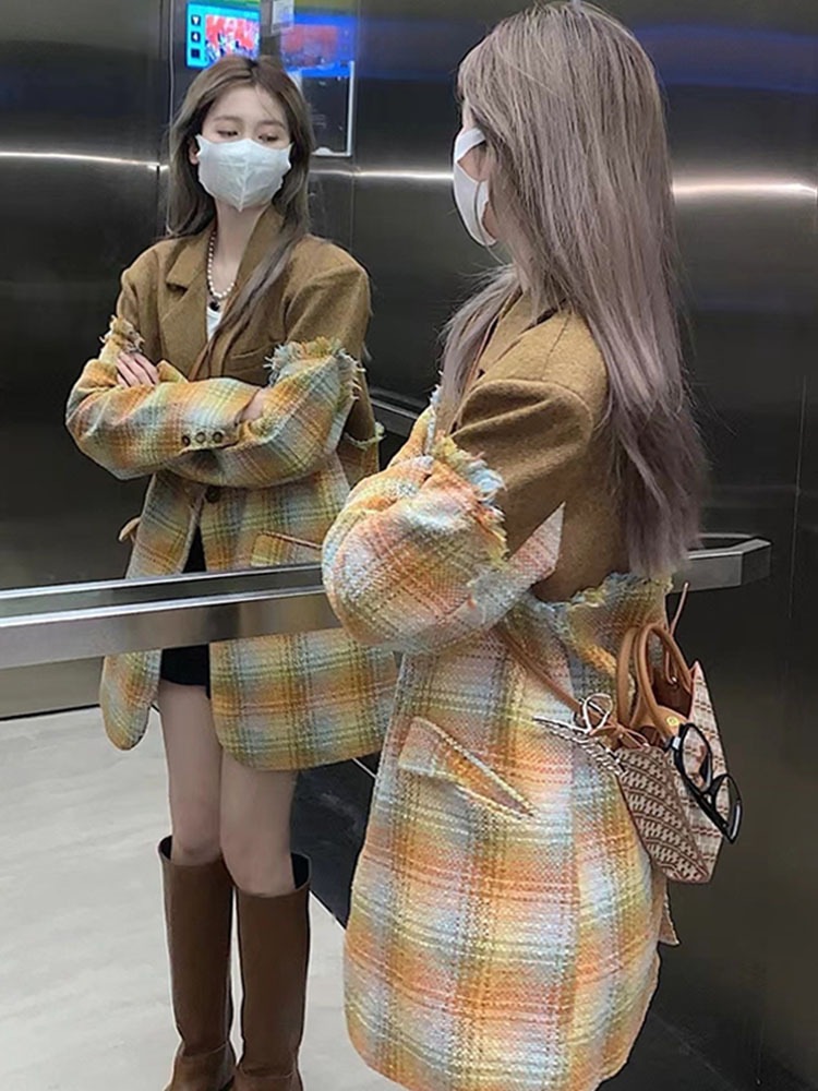 チェック柄 パッチワークジャケット チェック柄ジャケット フリンジ ジャケット スーツ襟 レディース ウールステッチスーツ アメカジコーデ オルチャンコーデ おしゃれ a3897