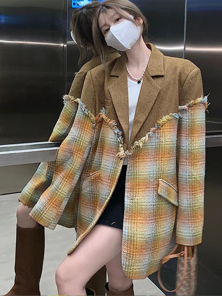 チェック柄 パッチワークジャケット チェック柄ジャケット フリンジ ジャケット スーツ襟 レディース ウールステッチスーツ アメカジコーデ オルチャンコーデ おしゃれ a3897