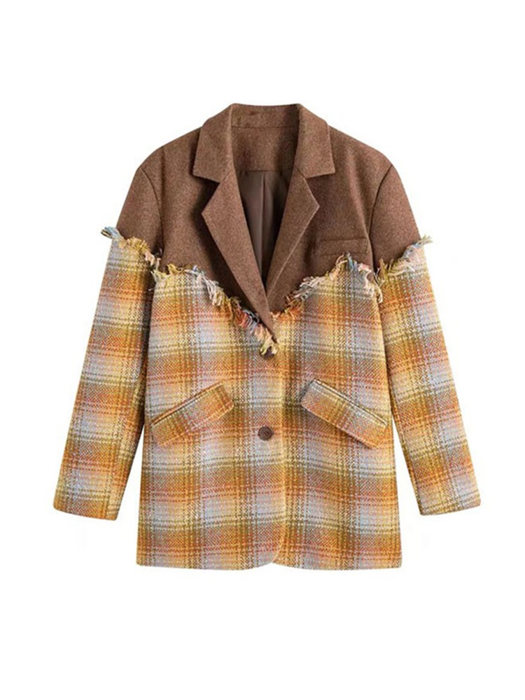 チェック柄 パッチワークジャケット チェック柄ジャケット フリンジ ジャケット スーツ襟 レディース ウールステッチスーツ アメカジコーデ オルチャンコーデ おしゃれ a3897