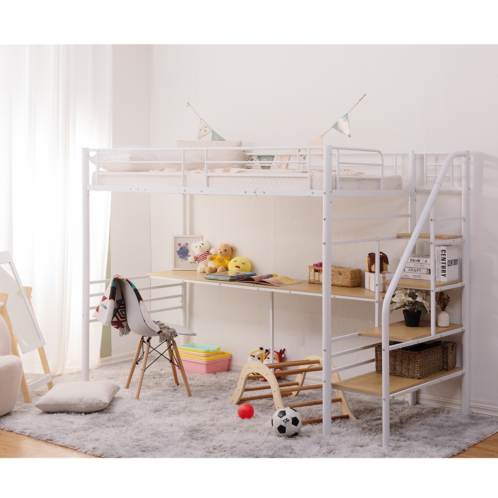 10cm厚さグレーマットレス付き】ロフトベッド 階段付き S パイプベッド