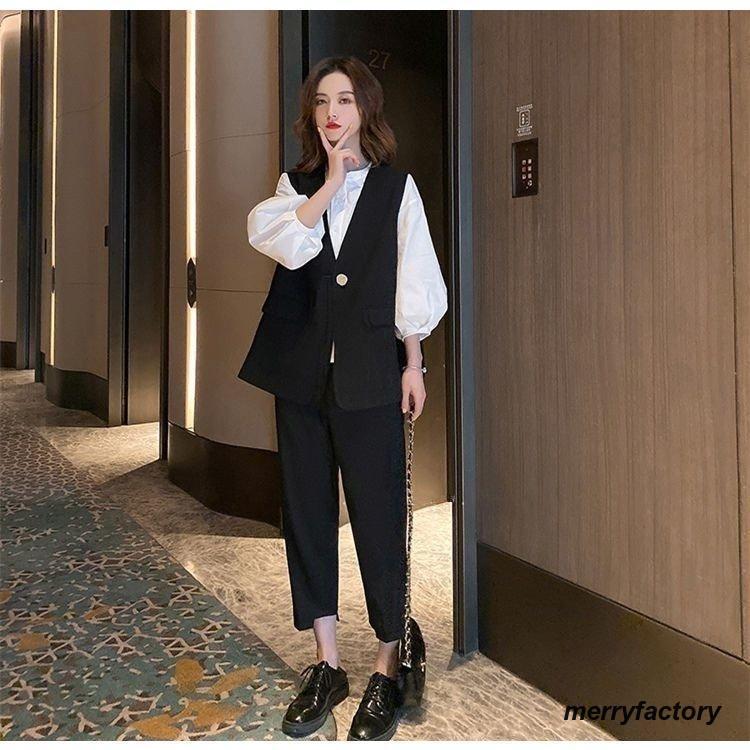 レディースファッション アップ スーツ フォーマル シャツ ト パフブ ド 七分袖 アン丈 パンツ スーツ 春 秋 かっこいい 長袖