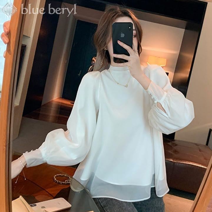 ブルーベリル ブラウス レディース バックリボン シフォン フレア パフスリーブ 長袖 立ち襟 くるみ釦 カフス BB025(ホワイト, S) ブルーベリル ブラウス レディース バックリボン シフォン フレア パフスリーブ 長袖 立ち襟 くるみ釦 カフス BB025(ホワイト, S)