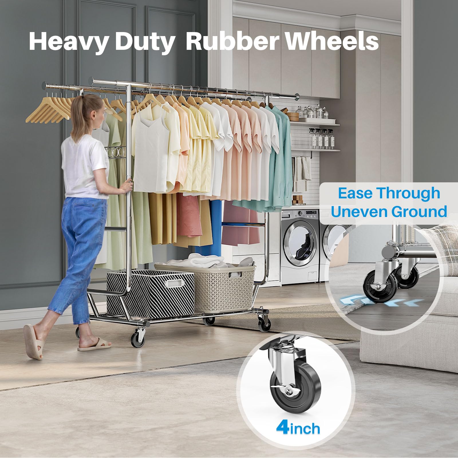 ハンガーラック パイプハンガーラック 耐荷重150KG 業務用 大容量 収納ラック 物干し スタンド 洋服ハンガー 衣類収納 棚付き 縦横伸縮 高さ調節可能 シルバー