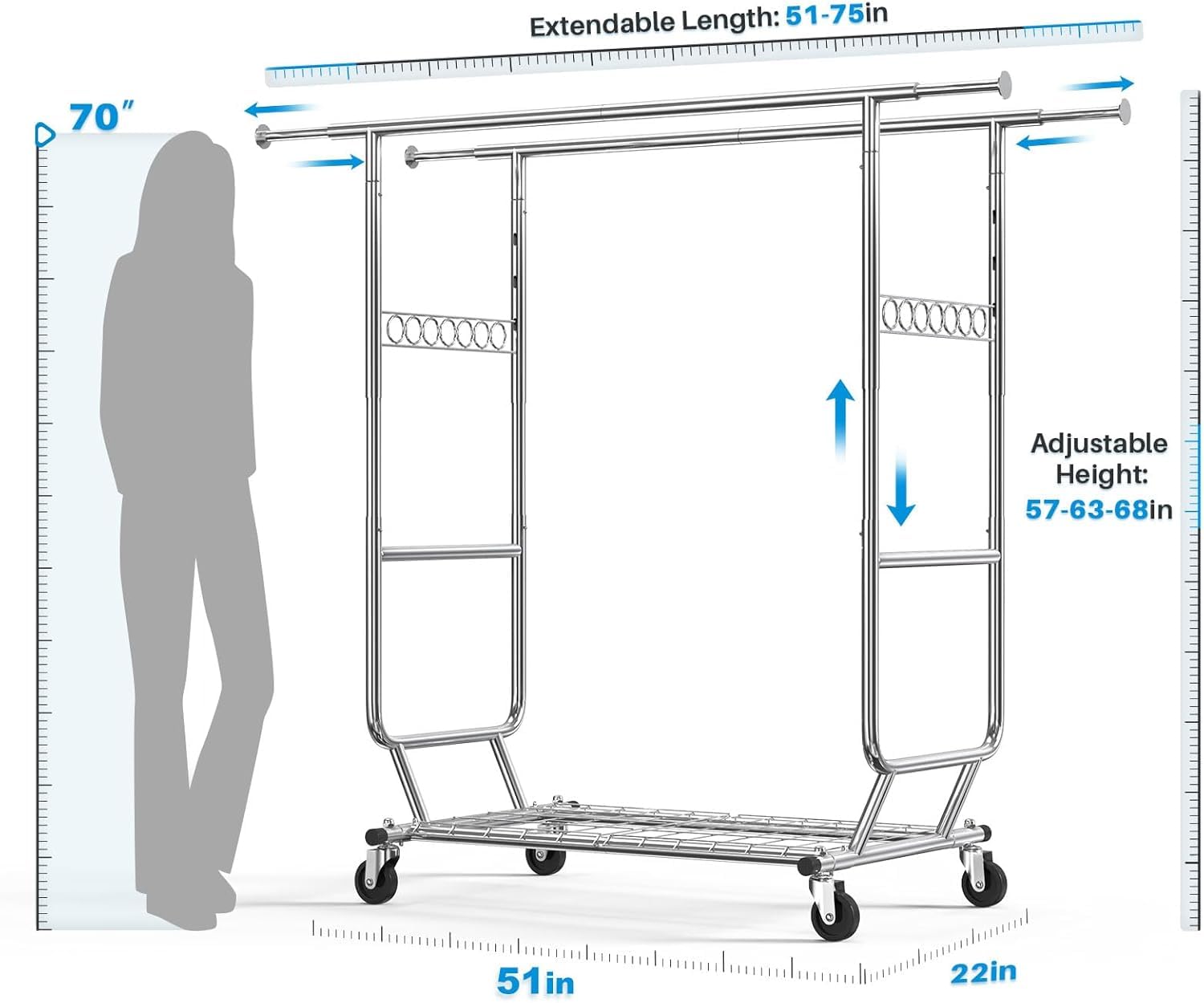 ハンガーラック パイプハンガーラック 耐荷重150KG 業務用 大容量 収納ラック 物干し スタンド 洋服ハンガー 衣類収納 棚付き 縦横伸縮 高さ調節可能 シルバー
