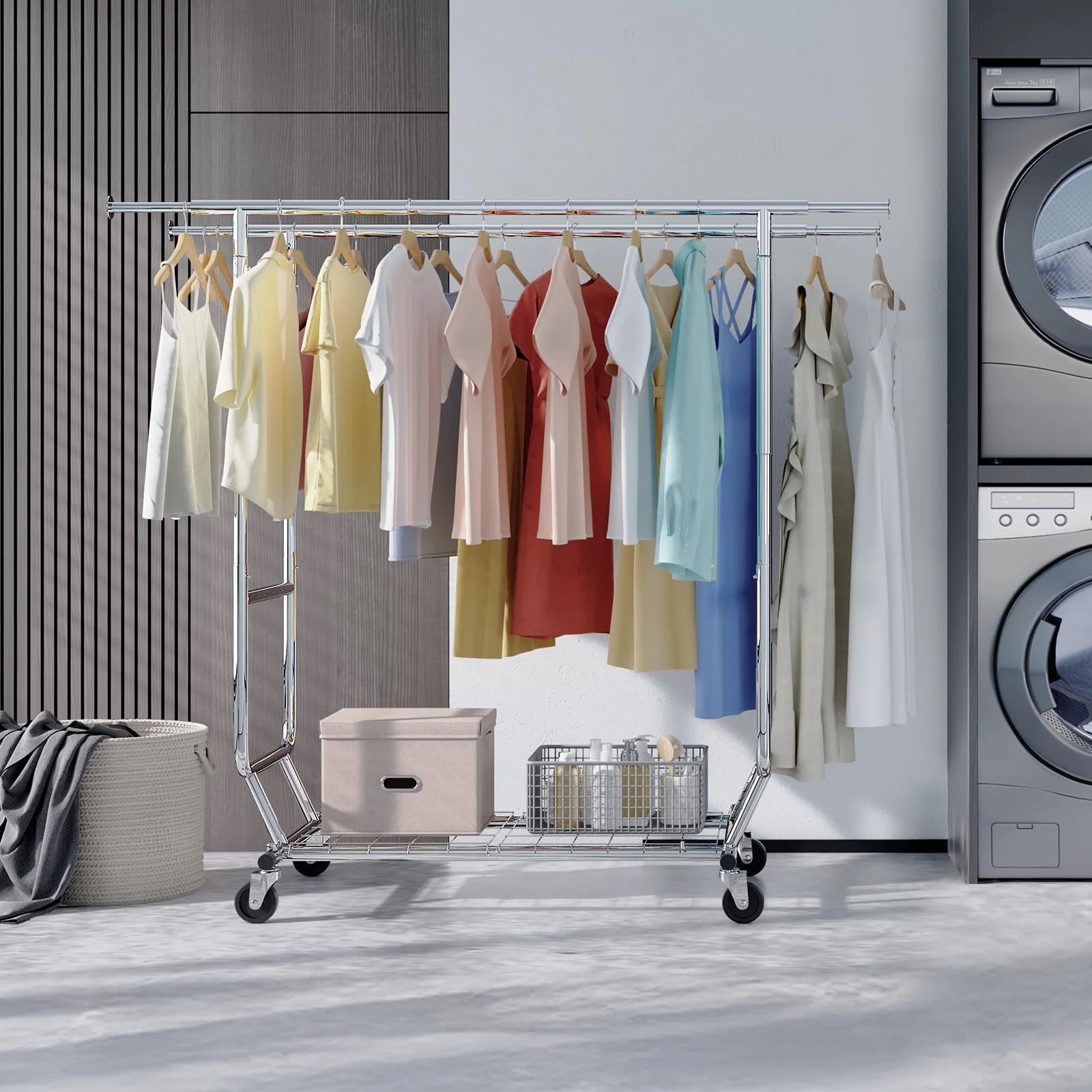 ハンガーラック パイプハンガーラック 耐荷重150KG 業務用 大容量 収納ラック 物干し スタンド 洋服ハンガー 衣類収納 棚付き 縦横伸縮 高さ調節可能 シルバー