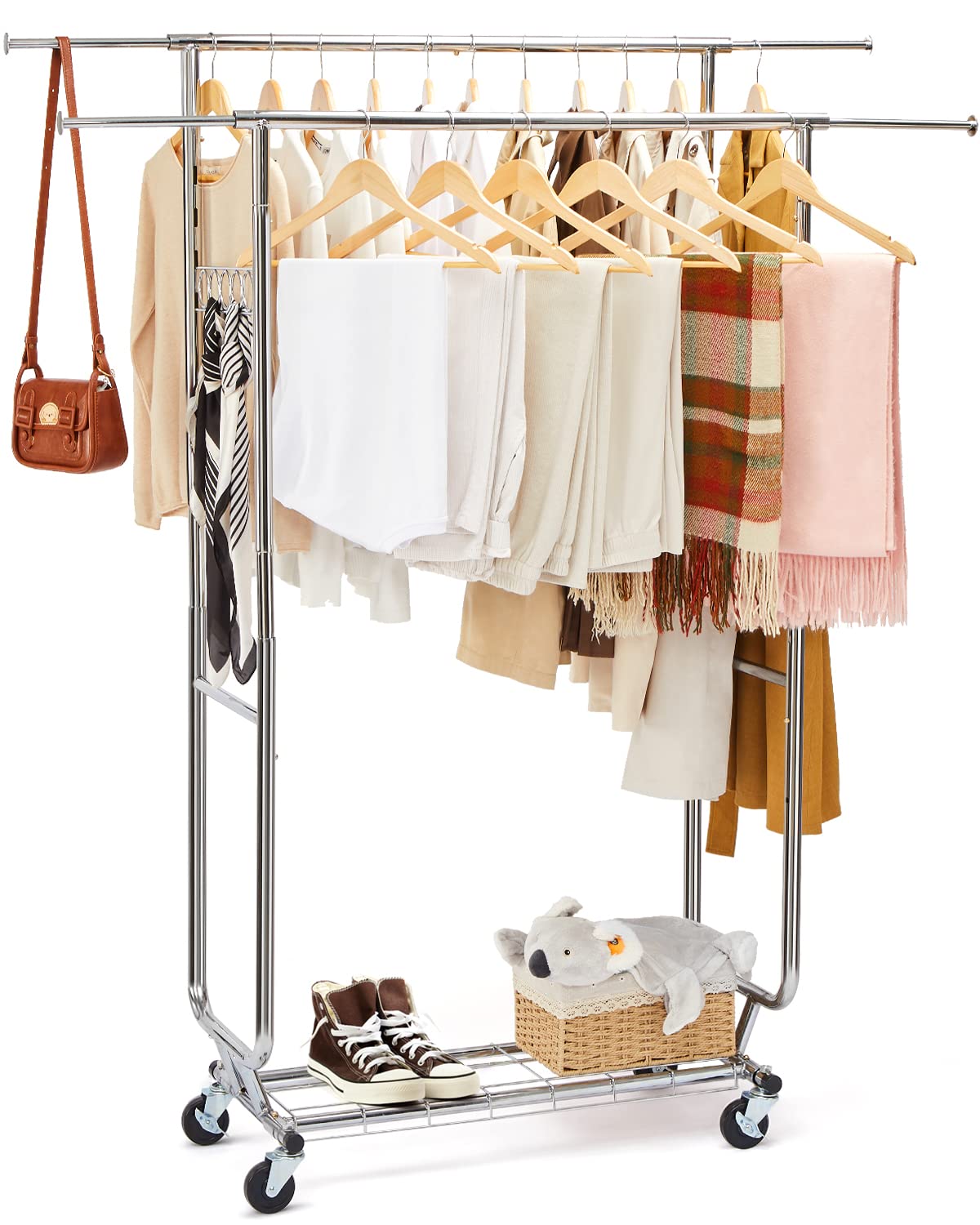 ハンガーラック パイプハンガーラック 耐荷重150KG 業務用 大容量 収納ラック 物干し スタンド 洋服ハンガー 衣類収納 棚付き 縦横伸縮 高さ調節可能 シルバー