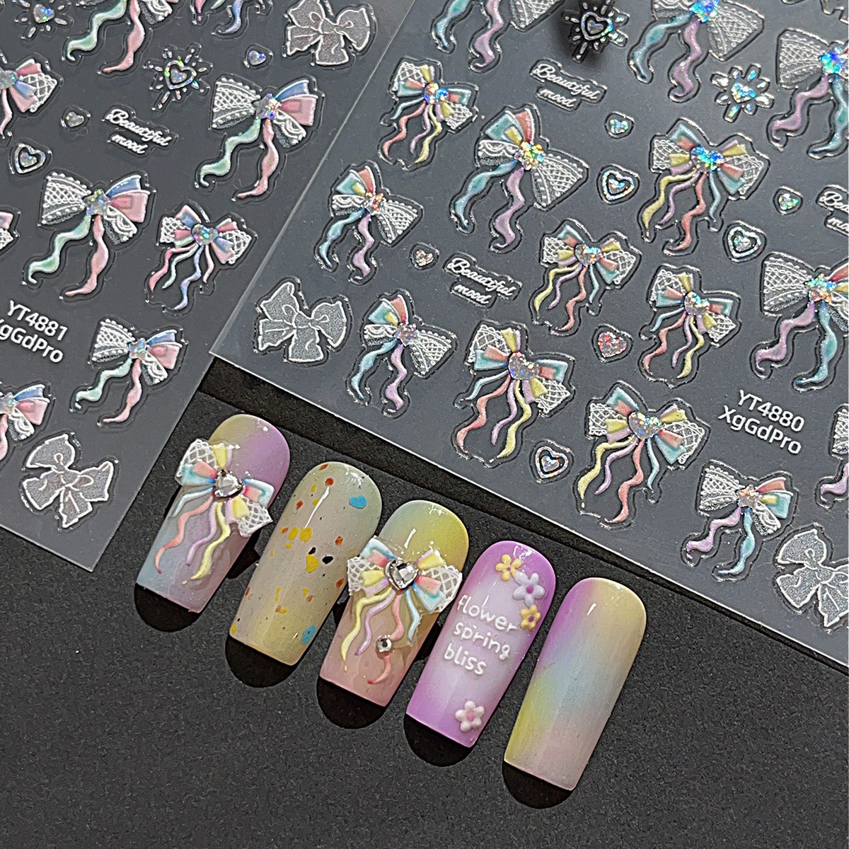 【1点ご購入 で10点プレゼントいたします】スターライトフィルムリボンネイルシールカラフルキラキラハートの甘いデコレーションシール