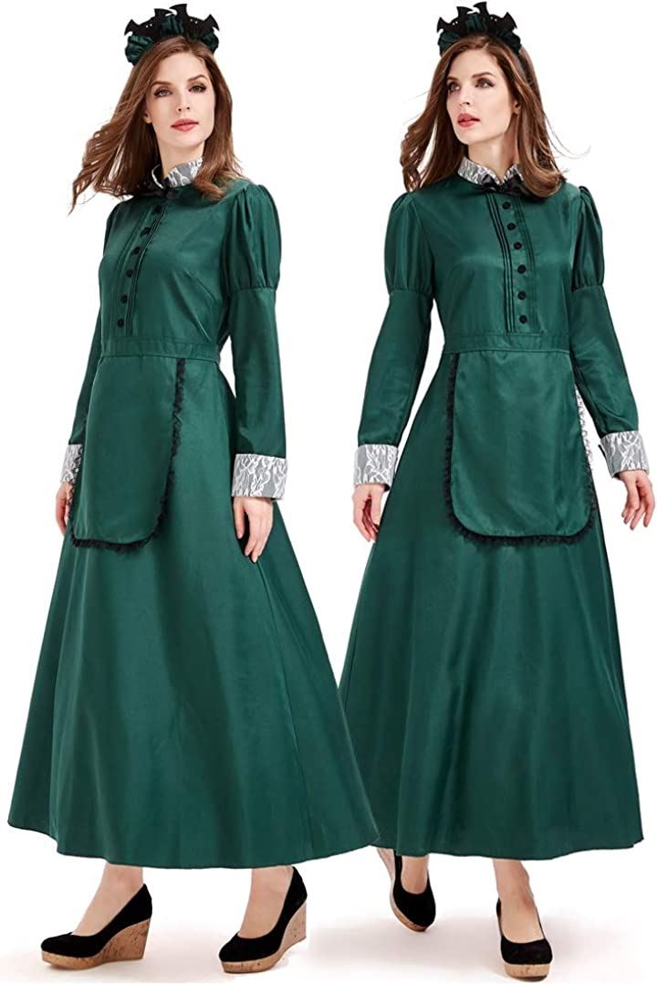 洋館 メイド服 緑 グリーン コスプレ 長袖 ロング コスチューム ハロウィン タトゥーシール付き