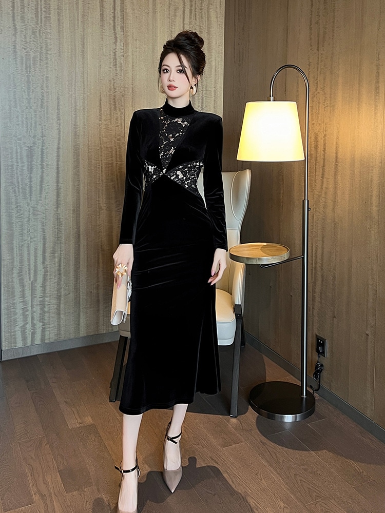 【JY.上品】 2025春新品 レースドッキング マーメイド ベルベット 大人 ワンピース ドレス パーティー キャバ 大人 同窓会 披露宴 卒業式 結婚式 演奏会 ウェディング 二次会 メガ割