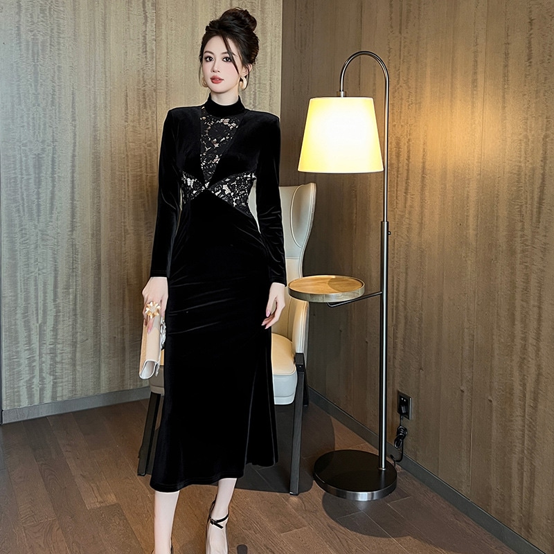 【JY.上品】 2025春新品 レースドッキング マーメイド ベルベット 大人 ワンピース ドレス パーティー キャバ 大人 同窓会 披露宴 卒業式 結婚式 演奏会 ウェディング 二次会 メガ割
