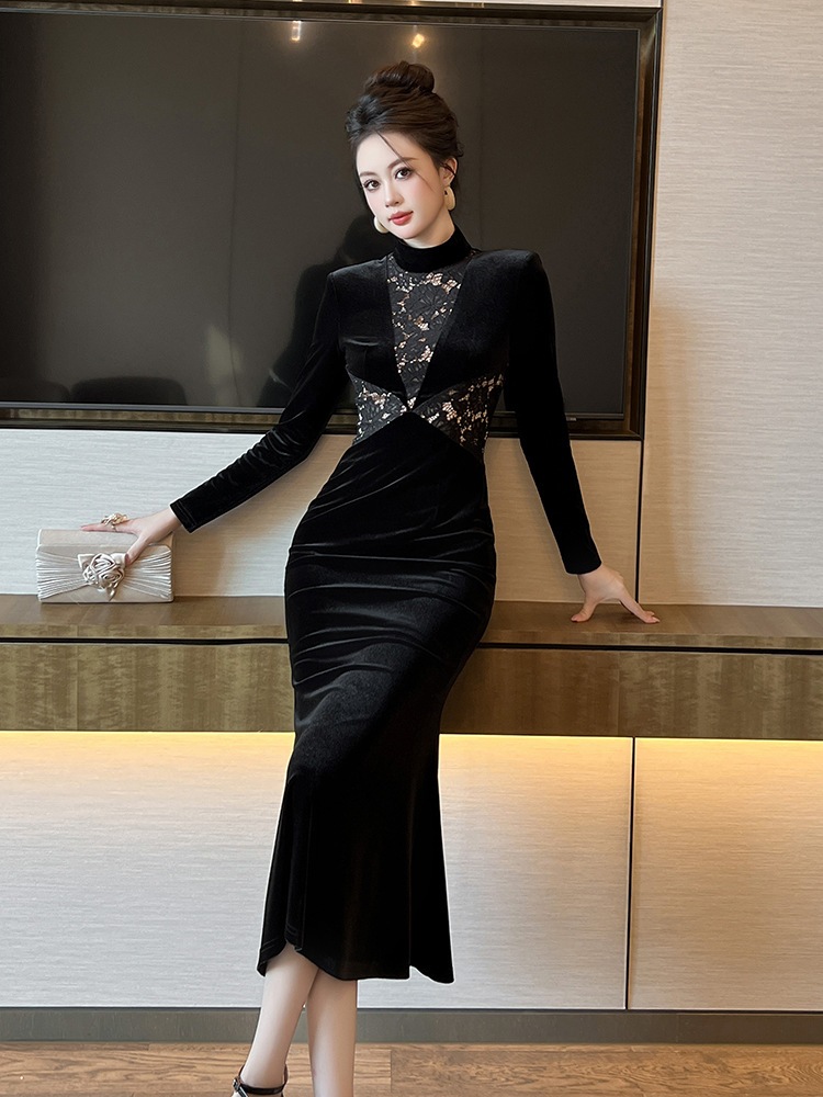 【JY.上品】 2025春新品 レースドッキング マーメイド ベルベット 大人 ワンピース ドレス パーティー キャバ 大人 同窓会 披露宴 卒業式 結婚式 演奏会 ウェディング 二次会 メガ割