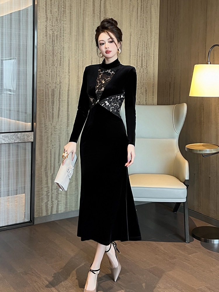 【JY.上品】 2025春新品 レースドッキング マーメイド ベルベット 大人 ワンピース ドレス パーティー キャバ 大人 同窓会 披露宴 卒業式 結婚式 演奏会 ウェディング 二次会 メガ割
