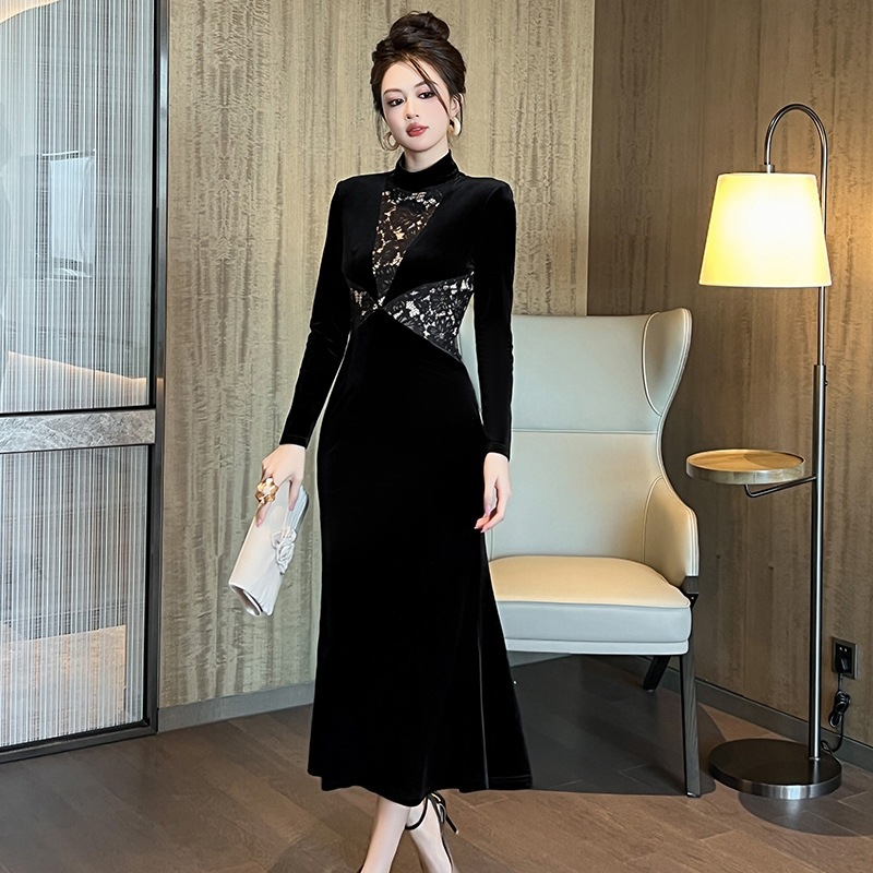 【JY.上品】 2025春新品 レースドッキング マーメイド ベルベット 大人 ワンピース ドレス パーティー キャバ 大人 同窓会 披露宴 卒業式 結婚式 演奏会 ウェディング 二次会 メガ割