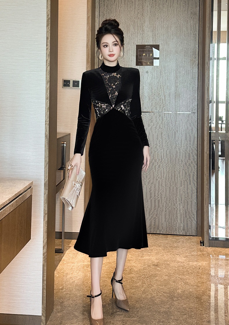 【JY.上品】 2025春新品 レースドッキング マーメイド ベルベット 大人 ワンピース ドレス パーティー キャバ 大人 同窓会 披露宴 卒業式 結婚式 演奏会 ウェディング 二次会 メガ割