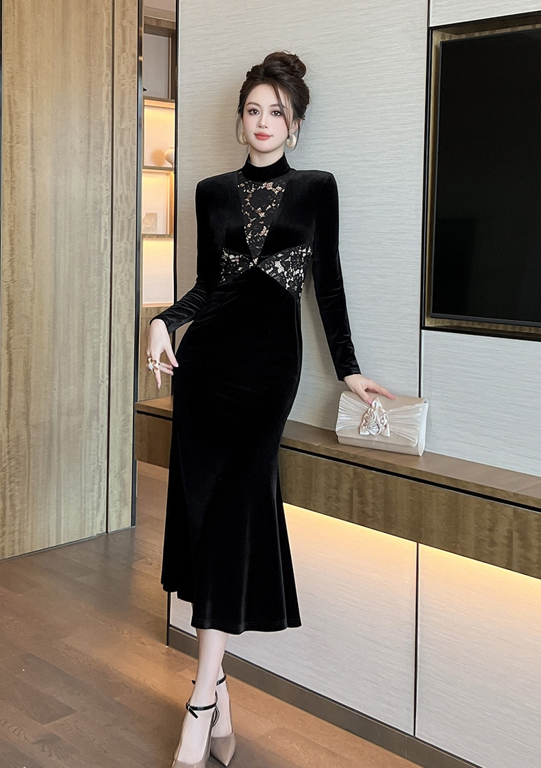 【JY.上品】 2025春新品 レースドッキング マーメイド ベルベット 大人 ワンピース ドレス パーティー キャバ 大人 同窓会 披露宴 卒業式 結婚式 演奏会 ウェディング 二次会 メガ割