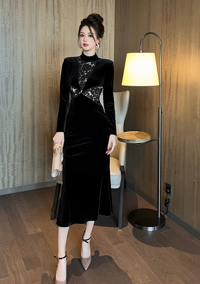 【JY.上品】 2025春新品 レースドッキング マーメイド ベルベット 大人 ワンピース ドレス パーティー キャバ 大人 同窓会 披露宴 卒業式 結婚式 演奏会 ウェディング 二次会 メガ割
