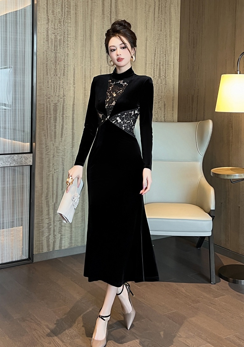 【JY.上品】 2025春新品 レースドッキング マーメイド ベルベット 大人 ワンピース ドレス パーティー キャバ 大人 同窓会 披露宴 卒業式 結婚式 演奏会 ウェディング 二次会 メガ割