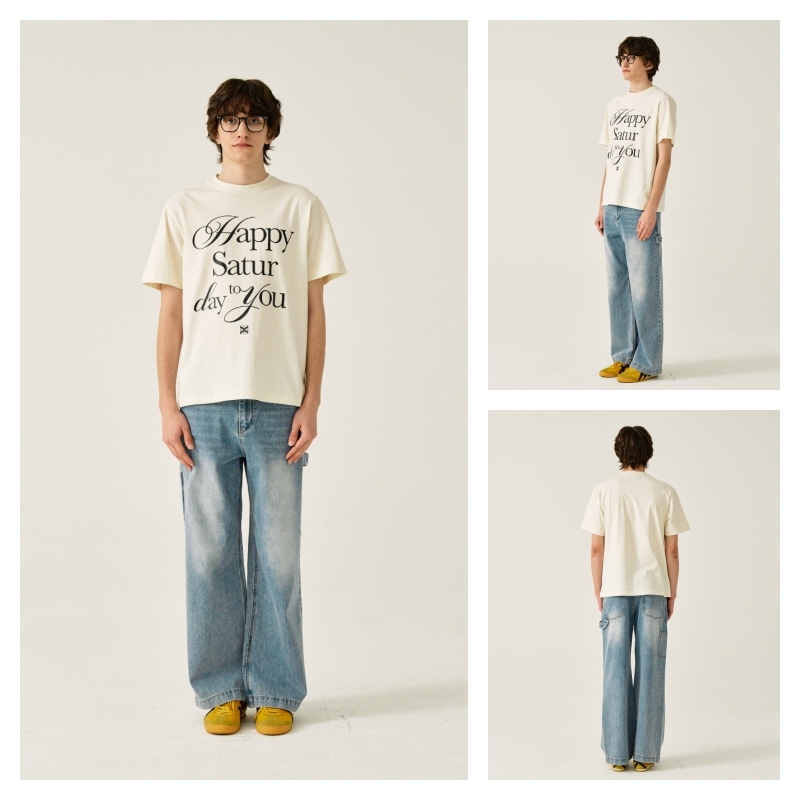 【 SATUR 】Happy Saturday Typo Graphic T-Shirt SATUR】 HAPPY SATURDAY TYPO GRAPHIC T-SHIRT : 高品質を選択