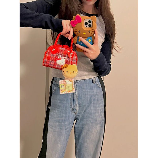 大人気定番商品 新品 ハローキティ ショルダー バッグ チェックデニム風 キティ バッグ