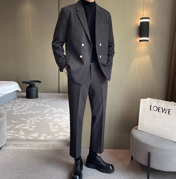 メンズ 男性用 二点セット 上下セット ツーピース ジャケット パンツ スーツ ウール 9分丈 アンクル丈 フルレングス 長袖 襟付き スーツカラー ポケット 前開き ボタン 厚手 上品 おしゃれ