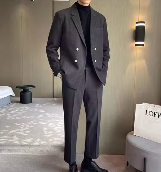 メンズ 男性用 二点セット 上下セット ツーピース ジャケット パンツ スーツ ウール 9分丈 アンクル丈 フルレングス 長袖 襟付き スーツカラー ポケット 前開き ボタン 厚手 上品 おしゃれ
