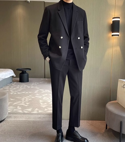 メンズ 男性用 二点セット 上下セット ツーピース ジャケット パンツ スーツ ウール 9分丈 アンクル丈 フルレングス 長袖 襟付き スーツカラー ポケット 前開き ボタン 厚手 上品 おしゃれ