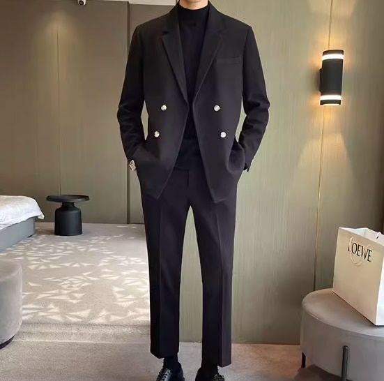 メンズ 男性用 二点セット 上下セット ツーピース ジャケット パンツ スーツ ウール 9分丈 アンクル丈 フルレングス 長袖 襟付き スーツカラー ポケット 前開き ボタン 厚手 上品 おしゃれ