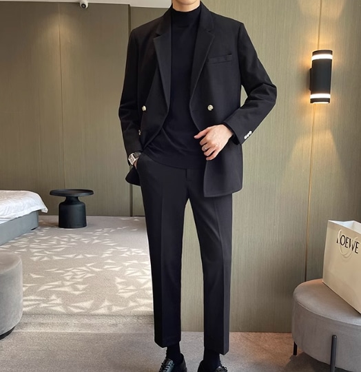 メンズ 男性用 二点セット 上下セット ツーピース ジャケット パンツ スーツ ウール 9分丈 アンクル丈 フルレングス 長袖 襟付き スーツカラー ポケット 前開き ボタン 厚手 上品 おしゃれ