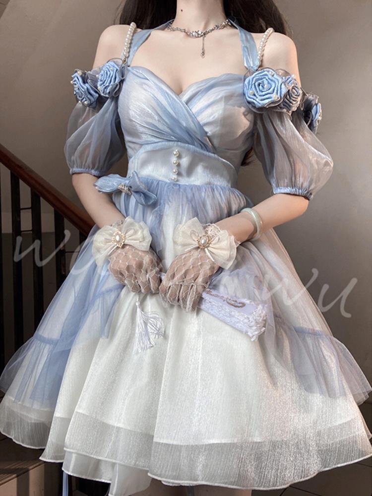 エレガントなグラデーション ブルーの立体的なバラのロリータ プリンセス ドレス フラワー ウェディング ドレス ロリータ デイリー メッシュ スカート