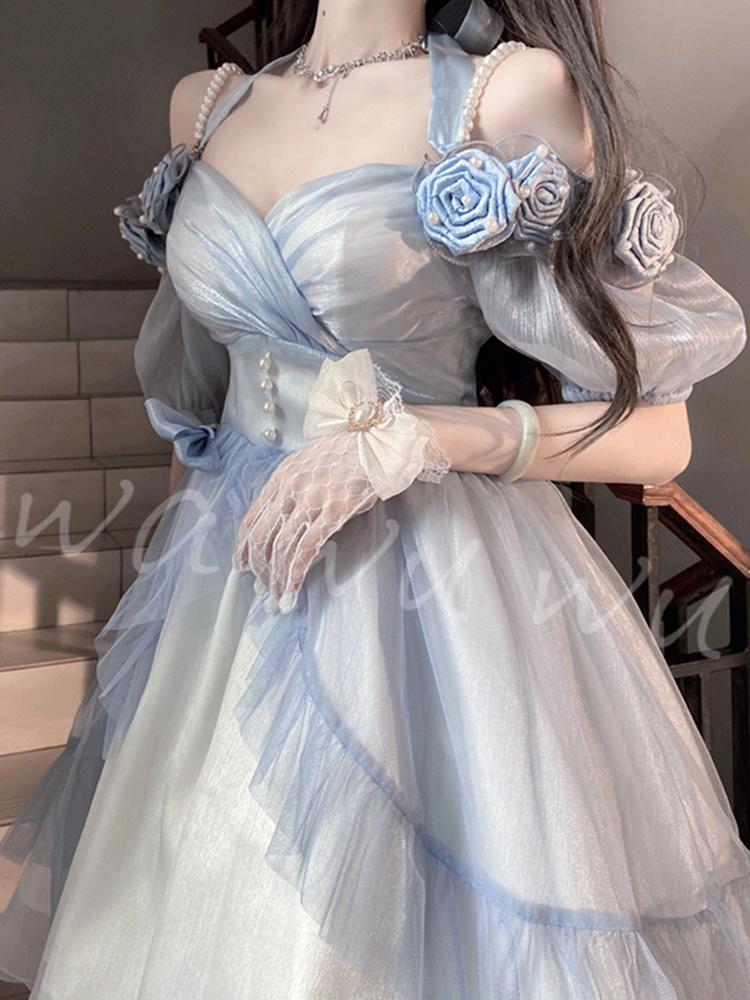 エレガントなグラデーション ブルーの立体的なバラのロリータ プリンセス ドレス フラワー ウェディング ドレス ロリータ デイリー メッシュ スカート