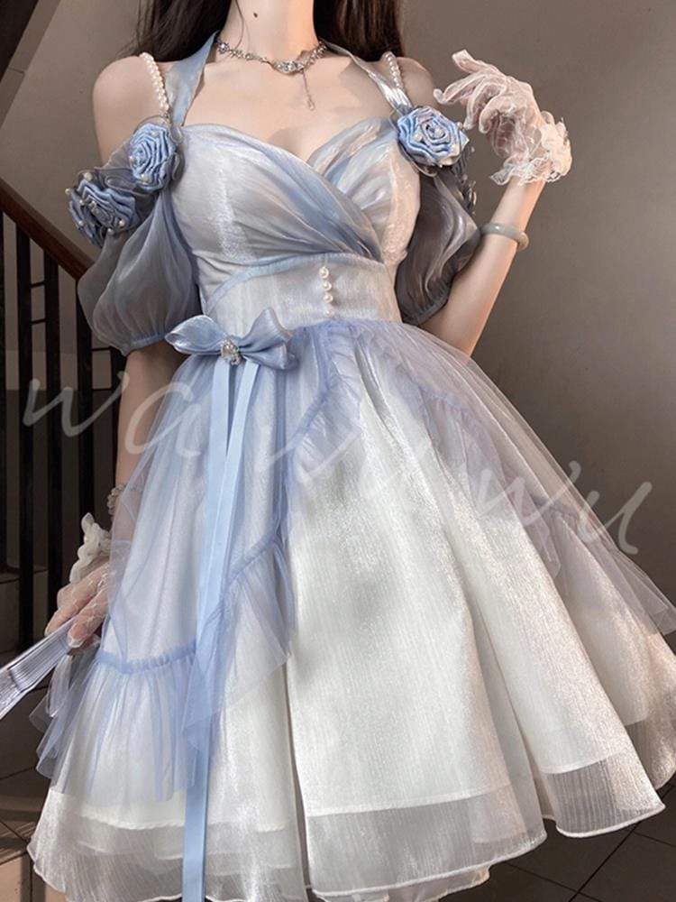 エレガントなグラデーション ブルーの立体的なバラのロリータ プリンセス ドレス フラワー ウェディング ドレス ロリータ デイリー メッシュ スカート