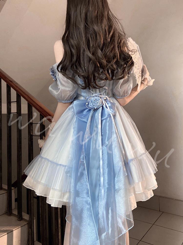 エレガントなグラデーション ブルーの立体的なバラのロリータ プリンセス ドレス フラワー ウェディング ドレス ロリータ デイリー メッシュ スカート