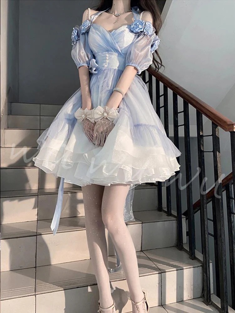エレガントなグラデーション ブルーの立体的なバラのロリータ プリンセス ドレス フラワー ウェディング ドレス ロリータ デイリー メッシュ スカート