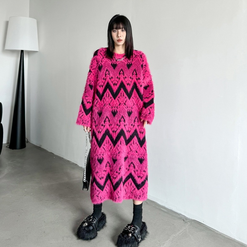 ニットワンピース ローズピンク ロングニット おしゃれ レディース 関連商品購入可能