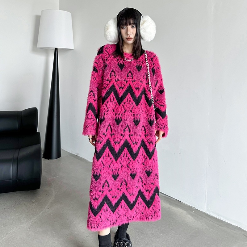 ニットワンピース ローズピンク ロングニット おしゃれ レディース 関連商品購入可能