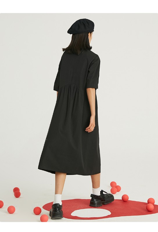 オモント エッグタルト ホーム レトロ アシンメトリー ラペル 半袖 ブラック ドレス レディース ミディアムロング コットン スカート 夏 オモント エッグタルト ホーム レトロ アシンメトリー ラペル 半袖 ブラック ドレス レディース ミディアムロング コットン スカート 夏