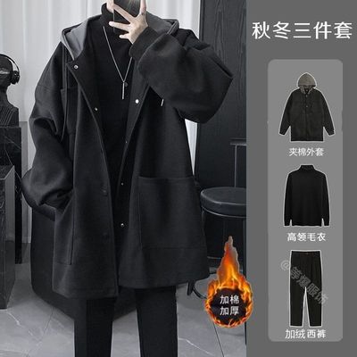 綿の連帽を挟んだラシャコート男ミディアムウーート男冬は厚く黒の韓系服スーツ男