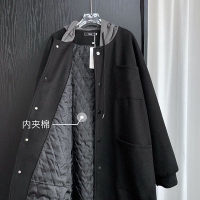 綿の連帽を挟んだラシャコート男ミディアムウーート男冬は厚く黒の韓系服スーツ男