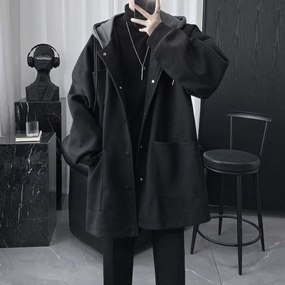 綿の連帽を挟んだラシャコート男ミディアムウーート男冬は厚く黒の韓系服スーツ男