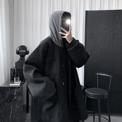 綿の連帽を挟んだラシャコート男ミディアムウーート男冬は厚く黒の韓系服スーツ男